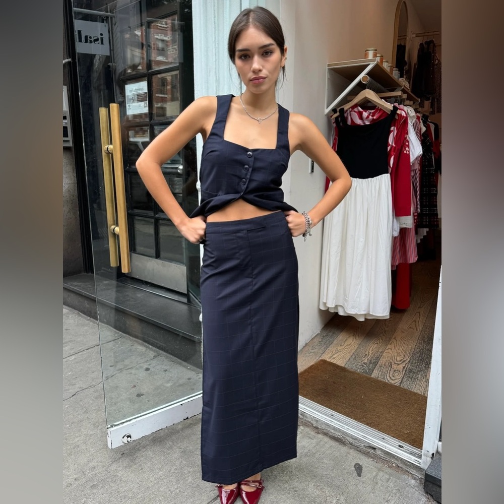 ISALIS Matching Set Connor Vest & Irving Pencil Skirt Navy Plaid Size M • NWOT